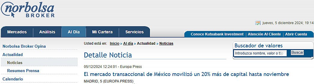 El mercado transaccional de Mxico moviliz un 20% ms de capital hasta noviembre